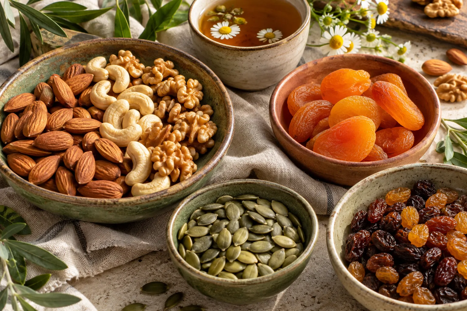 Composición de frutos secos, semillas y frutas deshidratadas